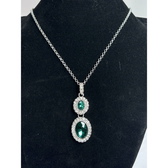 Monet Jewelry - Vintage Monet Emerald Green And Clear Crystal Necklace Silver Tone Drop Pendant